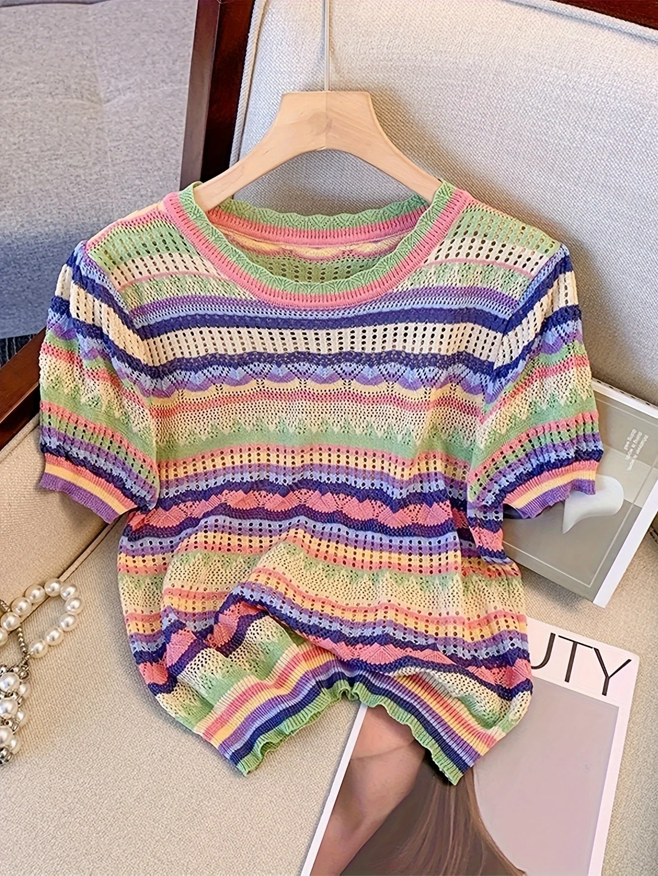 Top de punto con cuello redondo de bloque de Color para mujer, Top corto informal de manga corta para primavera y verano, novedad de 2024