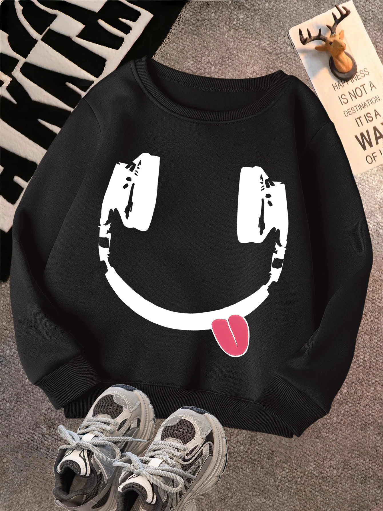 

Наушники с рисунком смайлика и принтом, осенне-зимняя мужская и женская толстовка с длинными рукавами, повседневная свободная уличная одежда для спорта