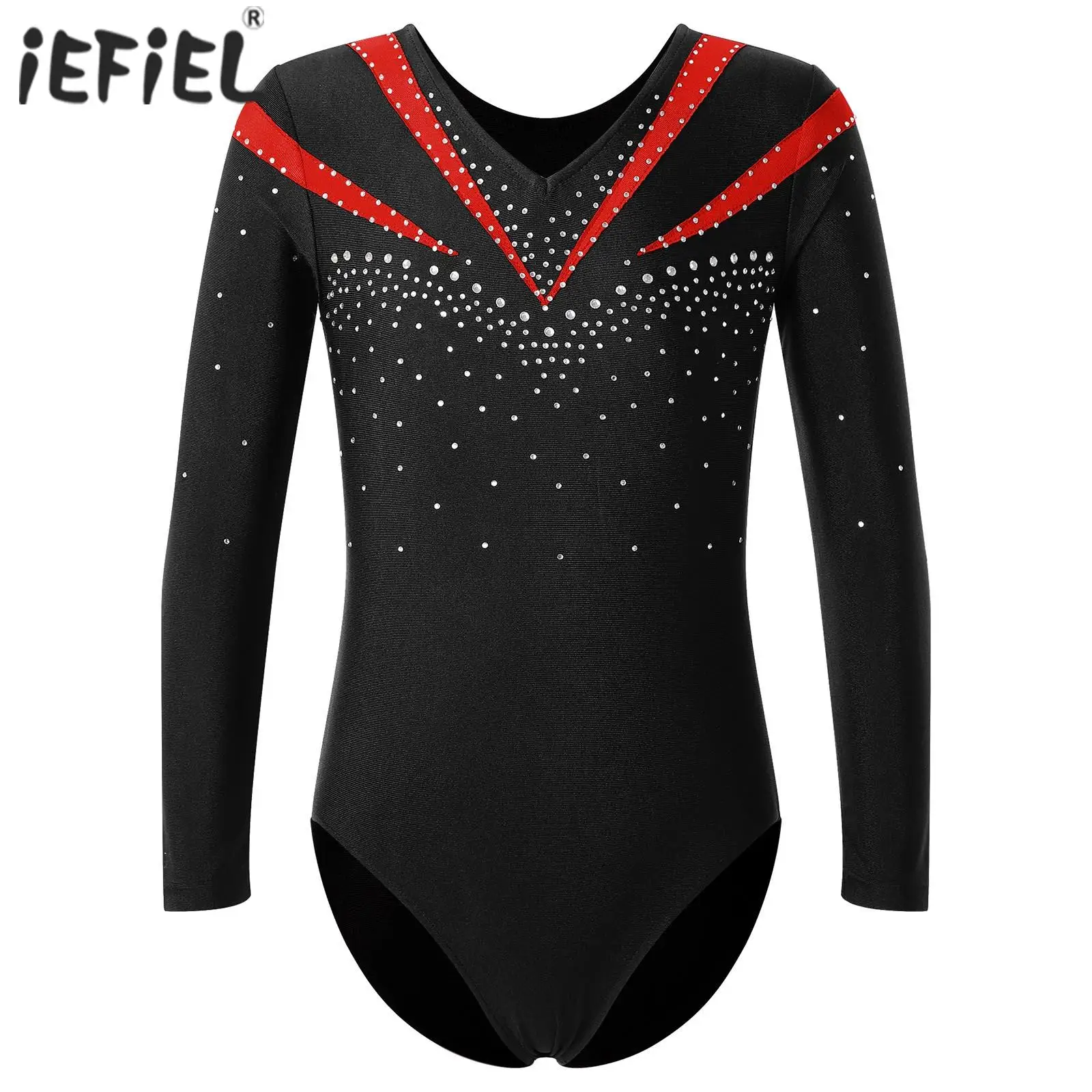 Kids Girls Ballet Dance Leotard Long Sleeve Gymnastics Workout Bodysuit Shiny Rhinestone Contrast Color Slim Fit Dance Costumes