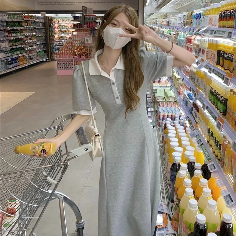 Ele ey col Long Dr t-shirt d'été femme Dr taille haute jupe trapèze ort Sve couleur Pure trajet Sle