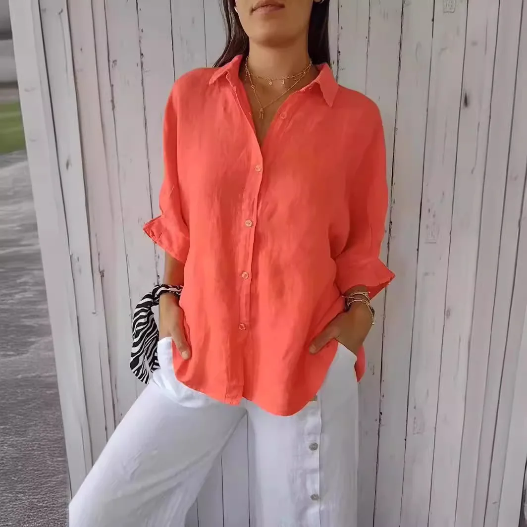 Summer Casual Cotton Linen Button Shirt Women Fashion Loose Solid Lapel Cotton Office Linen Shirt Women Top Retro 2025 White