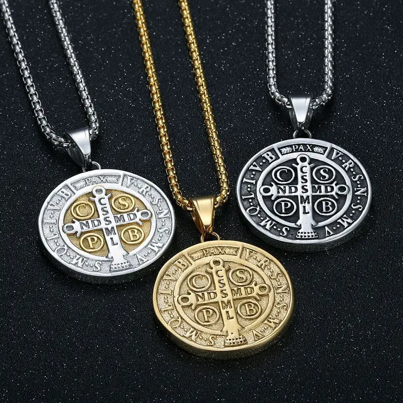 Religious Saint Benedict's Exorcism Pendants Titanium Steel Electroplating Men Women Hip Hop Personalized Necklace Jewelry
