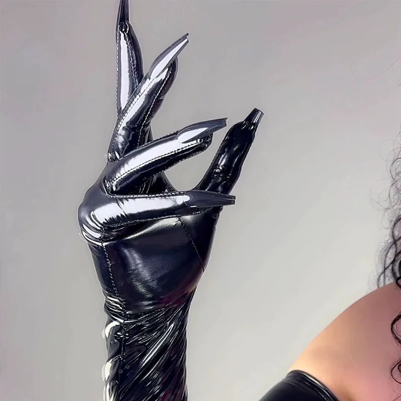 Black Glossy GLOVES with NAILS Shiny 70cm Long Thin Elastic Faux Patent Leather Rubber Latex Nail Gloves Halloween Costume Glove