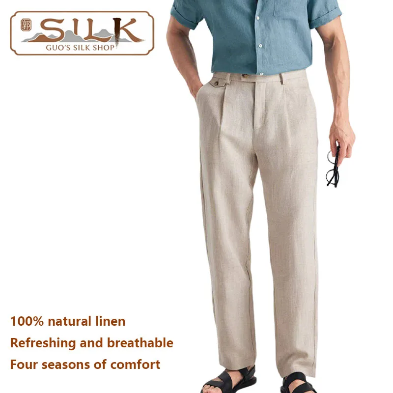 

High-end Natural Pure Linen Men's Pants Elegant Graceful European Straight-Tail Pants Business Casual Wear, Fashionable Style