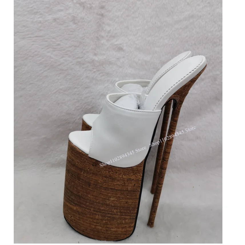 

White Wood Pattern Slip On Sandals Thin High Heel PeepToe Fashion Sexy Cool 2025 Summer Big Size Woman Shoes Zapatillas Mujer