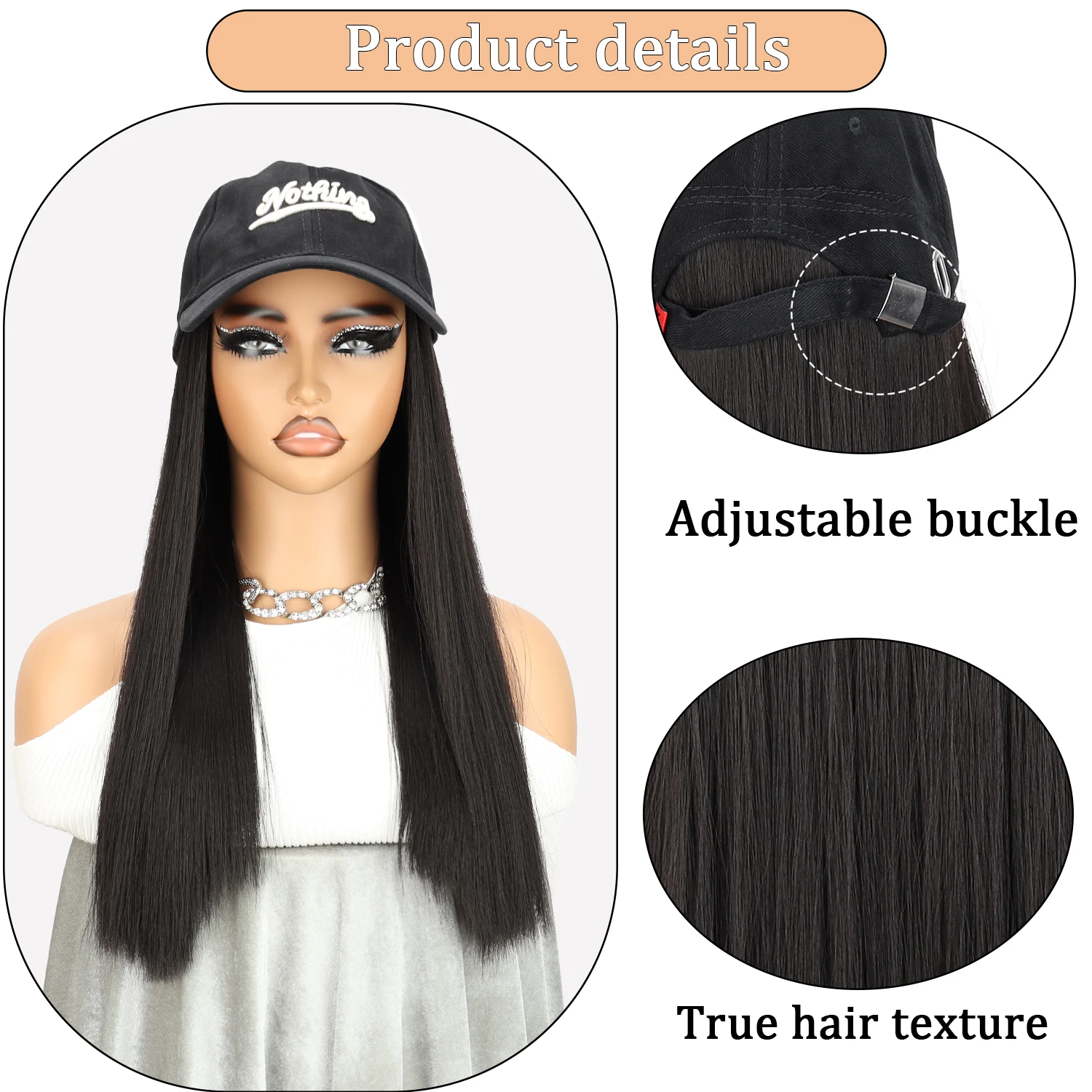 Synthetic High Heat Resistant Material Black Straight Hair Baseball Cap Wig Hat And Wig Naturally Connected Fashion Warm wig