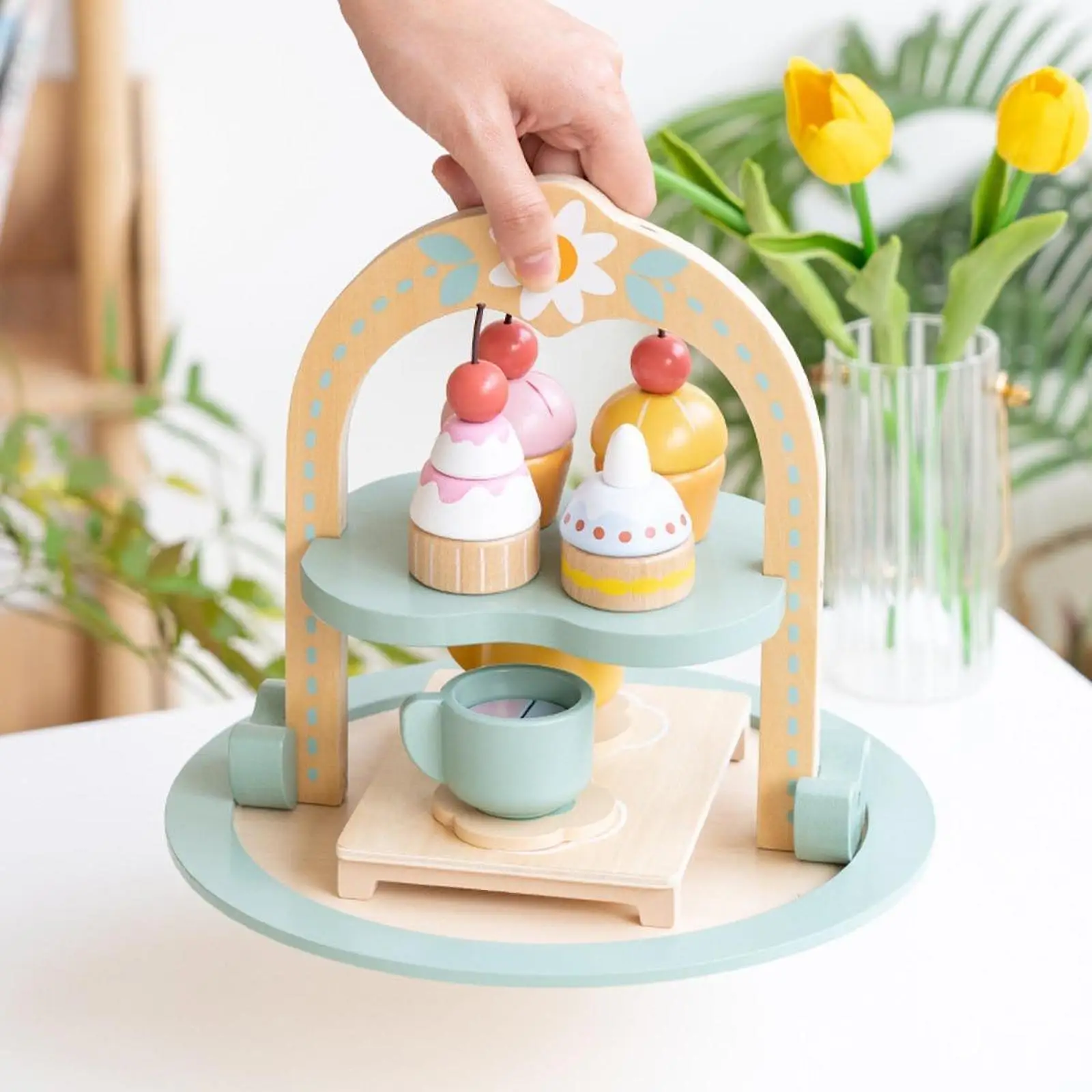 Wooden Dessert Cake Toy Life Skills Educational with Cupcake Stand for Girls