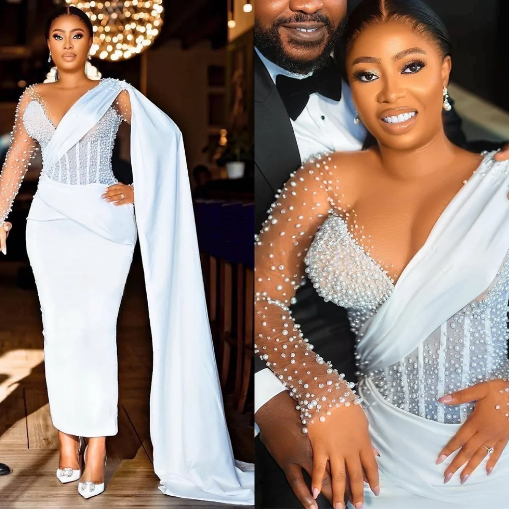 

Customized Blue Watteau Train Pearls Mermaid Evening Dress Jersey V-Neck Long Sleeves Elegant Temperament Celebrity Gowns