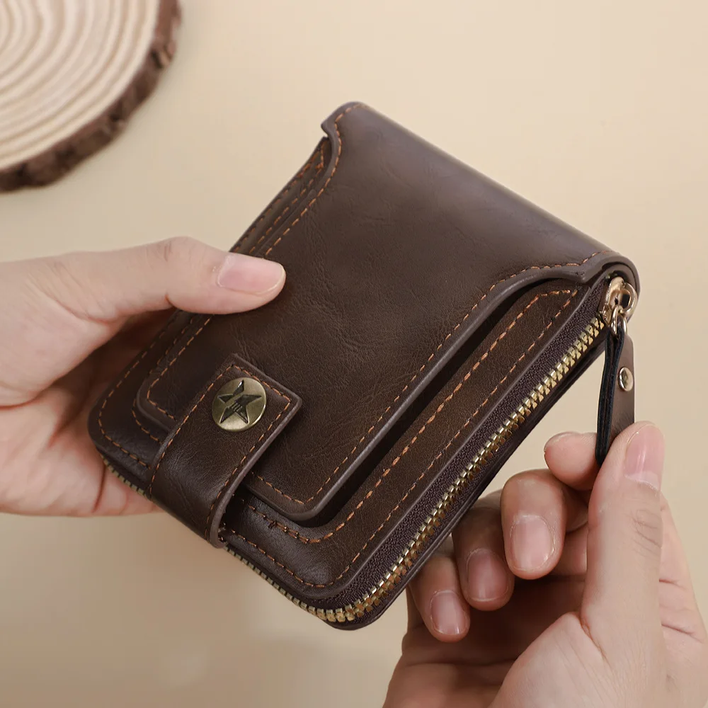 Hochwertige Langlebige Vintage Herren-Kurzbörse, Robustes PU-Leder mit Schnappverschluss und Reißverschluss, Praktisches Tägliches Accessoire-Portemonnaie