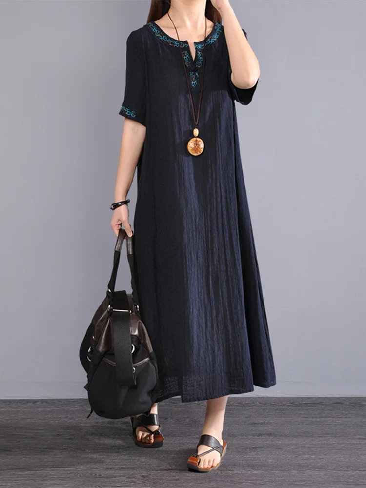 Japonês Sle Algodão Linho Bordado Emagrecer Solto V-Ne ort Sve Seda Longo Robe Dr Étnico Vento Verão D...