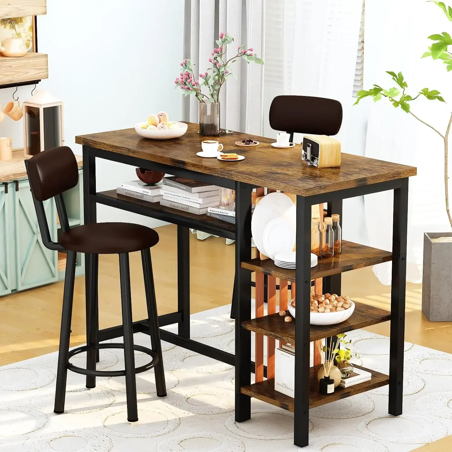 Counter Height Dining Set - Bar Table and 2 Upholstered Stools with Storage Shelves, Kitchen Breakfast Nook Pub Set