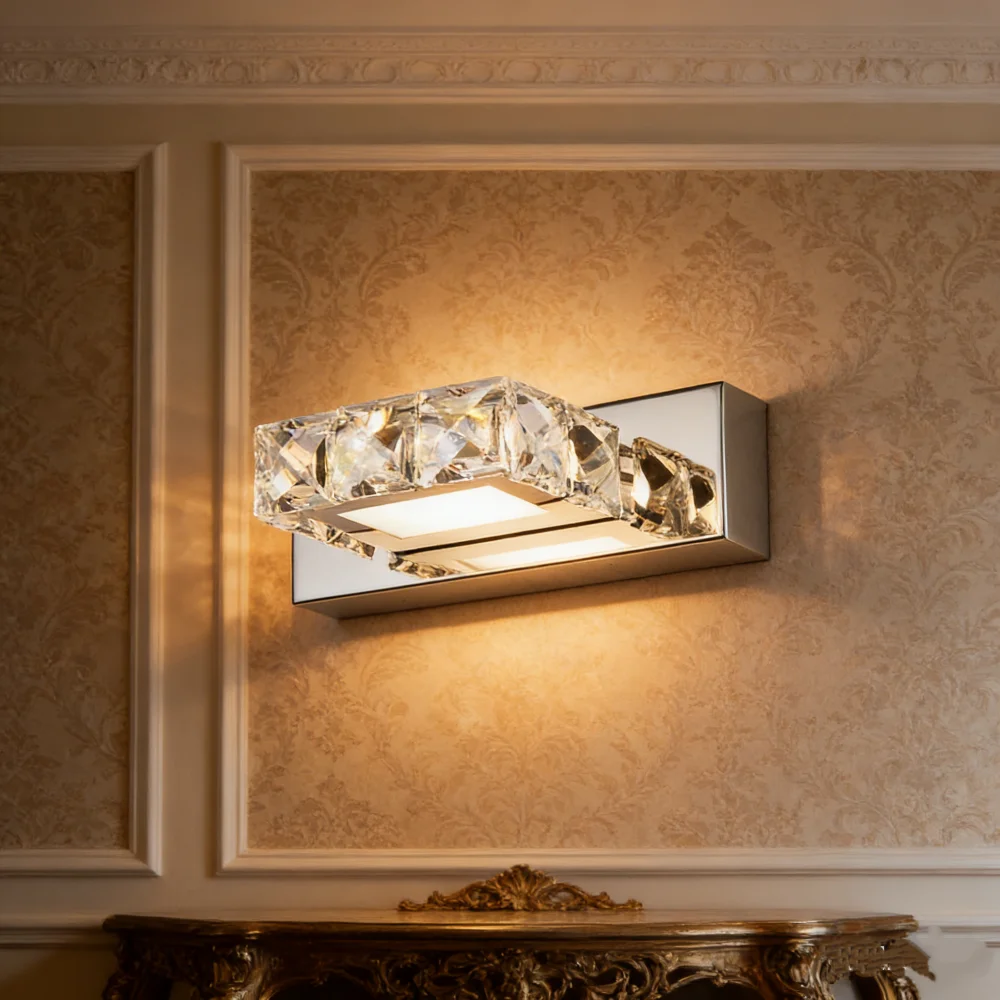6W Bathroom Light Luxurious Crystal Square Fixtures Led Bath Vanity Wall Sconces Light Bedroom Hallway Sconce Indoor Wall Lamp