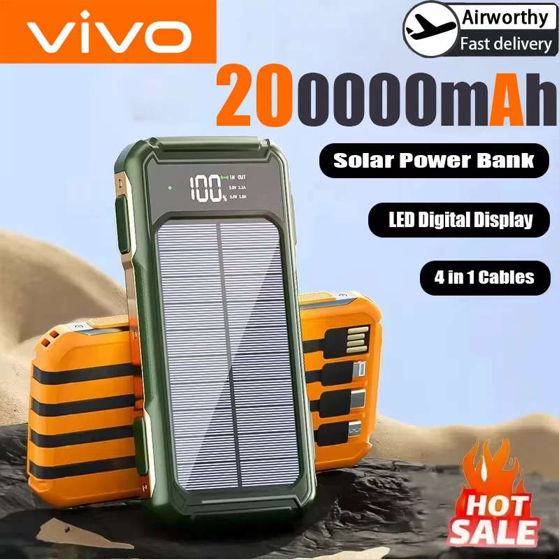 VIVO 200000mAh Large Capacity Solar PowerBank 4 In 1 Built In Cable Intelligent Digital Display Laser Light For Android IPhone