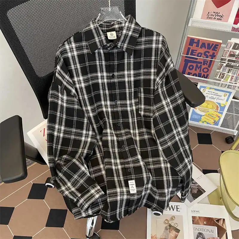

Bla Plaid Men's irt 2026 New Trendy Basic American Retro Loose Casual Match Couples irt Breathable Summer Long Sve