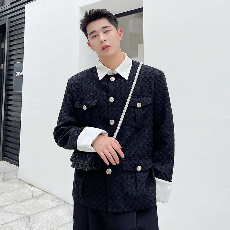 Light Men's Luxury Jackets Fake Two Pieces Satin Spliced Color Block Coat 2022 New Lapel Single Breast Coats Spring Winter