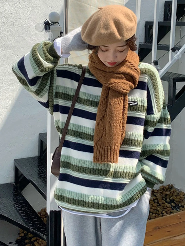 Vintage Striped Sweaters Women Autumn Winter Oversized Casual Knit Pullovers Unisex Couples Hip Hop Knitwear Jumper Female Tops