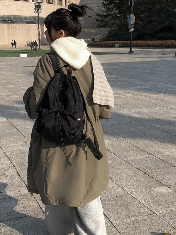 Thiened-ropa de trabajo Retro con cuello levantado para mujer, abrigo de algodón de longitud media con cordón holgado, Color puro, para ir al trabajo