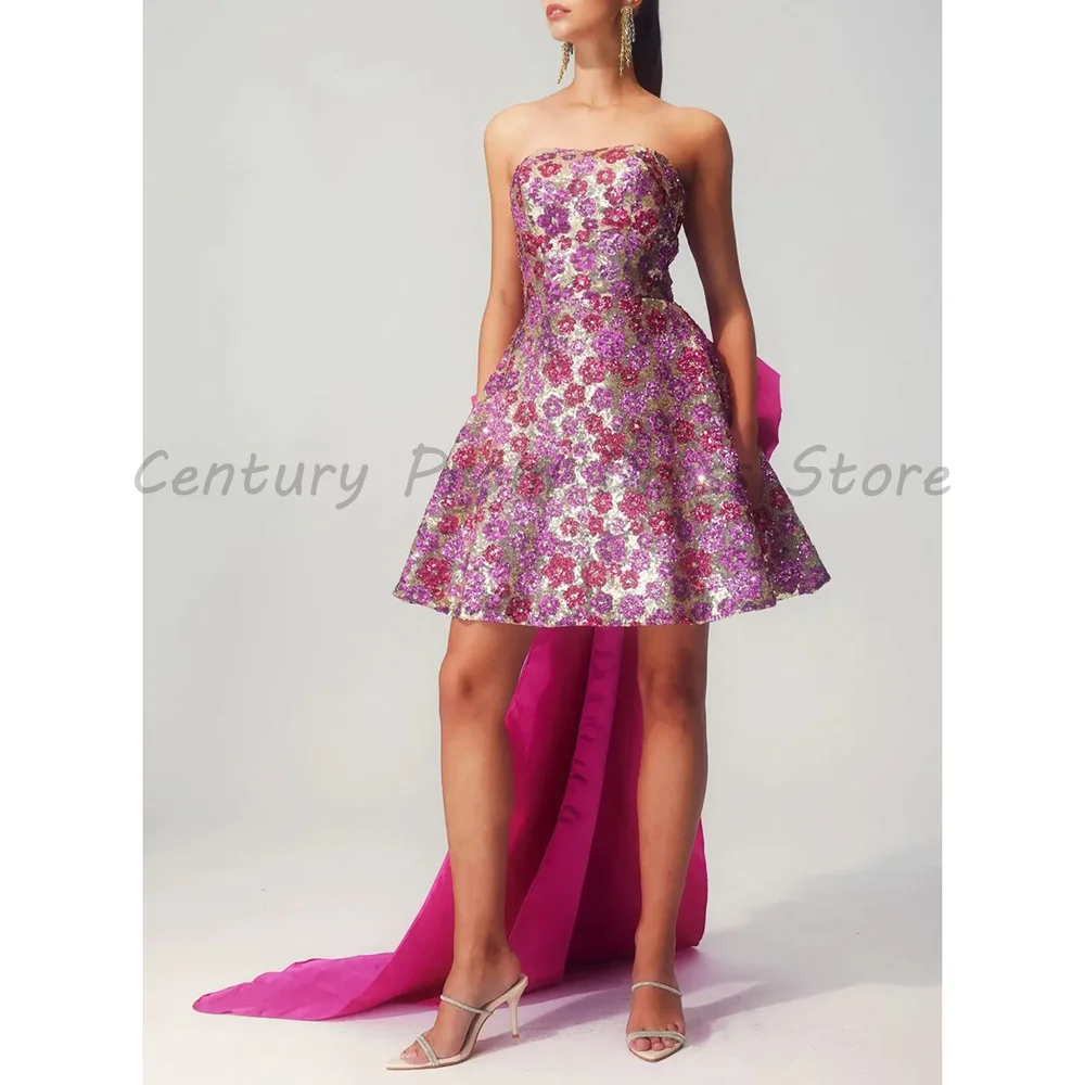 Strapless Floral Sequin A-Line Cocktail Dress Luxury Hot Pink Bow Train Short Formal Prom Gown for Women