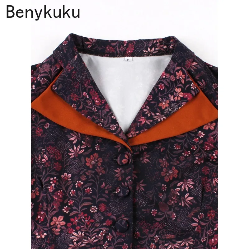 Vestido vintage elegante de meia manga com botões para mulheres 2025 gola contrastante de camada dupla floral patchwork bolsos vestidos midi