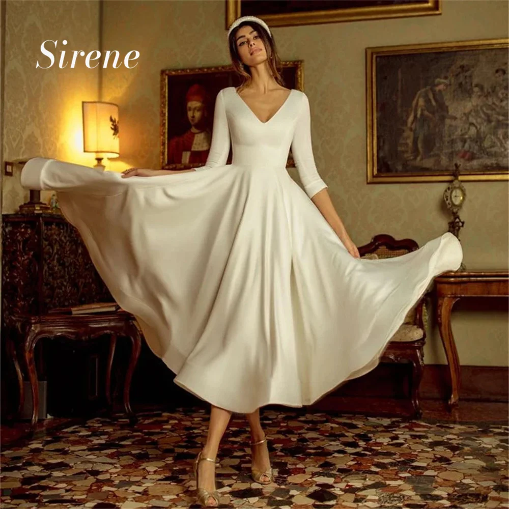 

Sirene Simple V-Neck Half Sleeve Tea Length Stain Wedding Dresses Elegant Princess A-Line Pleated Bridal Gowns Vestidos De Noiva