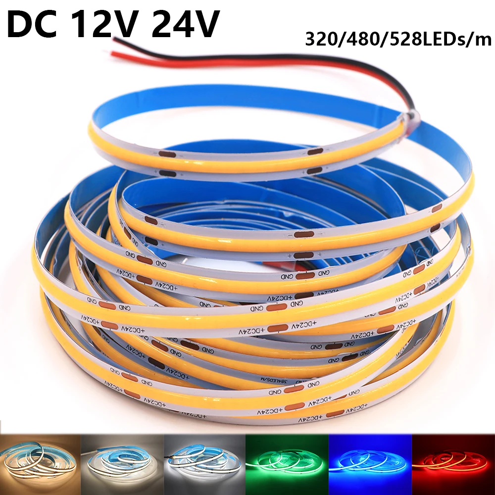 

12V 24V COB LED Strip Light 320 384 480 528LEDs/m Flexible FOB LED Tape for Room Decor Linear Ribbon Warm White Blue Red Green