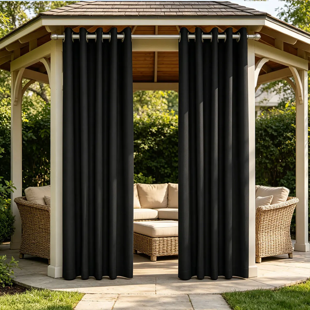 2 Panels Grommet Outdoor Curtains, High Density Waterproof Blackout Patio Drapes, Solid Black Windproof Privacy Curtains for Gazebo Porch Garden