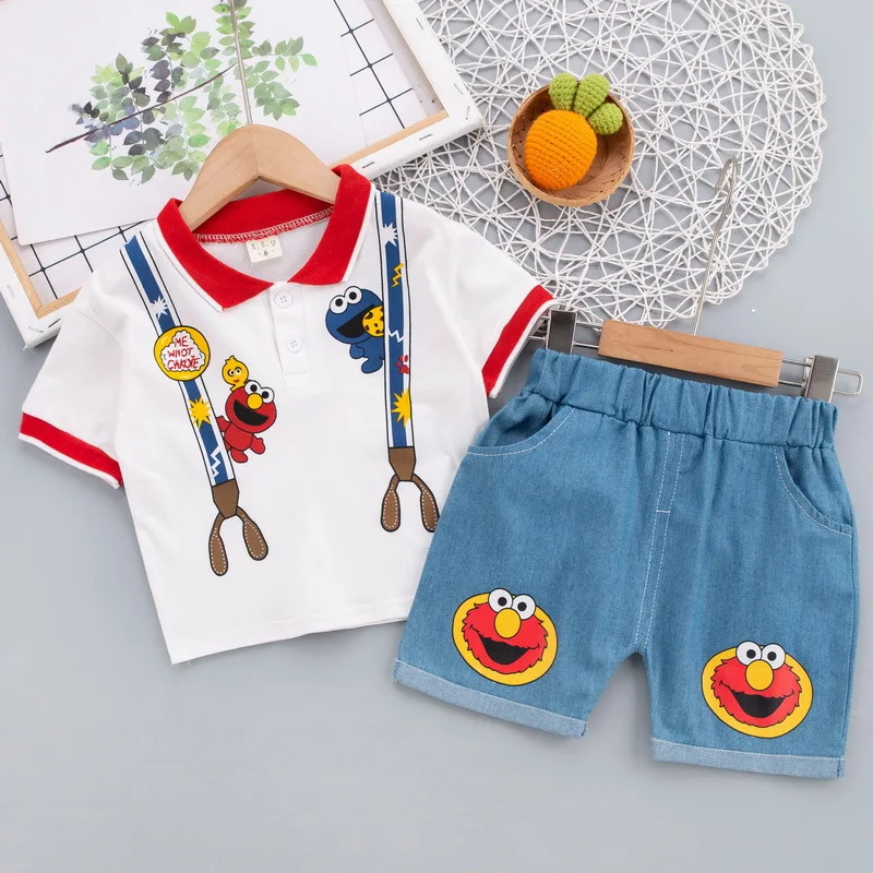 New Children Clothes for Baby Infant Boy Girl Cute Sesame Street Print Clothing Sets Summer Soft Polo T-shirt+Shorts 2pcs Suits