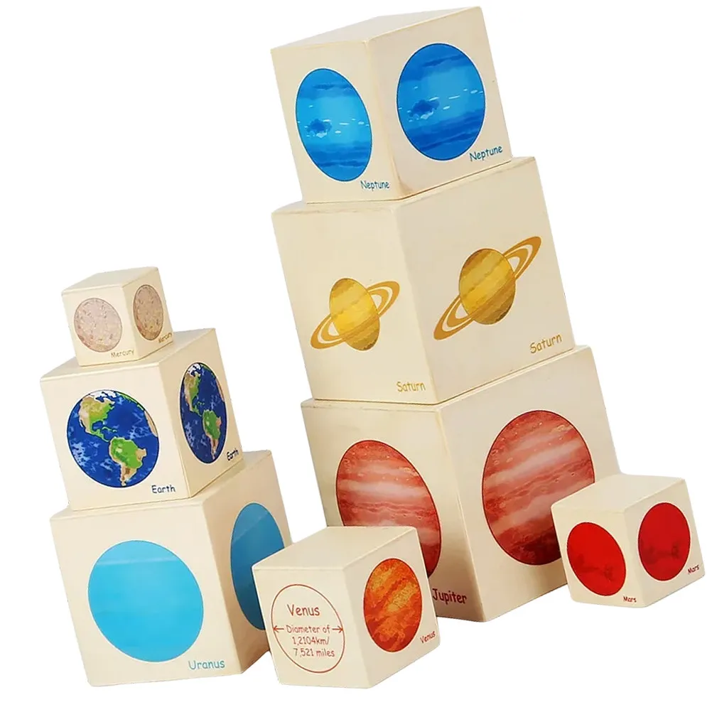 1Set Eight Planet Stacking Box Educational Wooden Solar System Game Interactive Baby Cognitive Stacker Fun Learning Set
