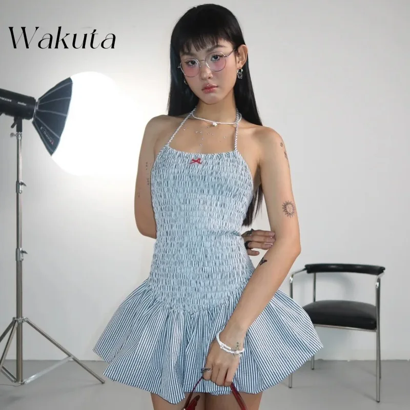 WAKUTA American Vintage Neck Strapless Robe Fashion Bow Tie Waisted Puffy Dresses Casual Street Style Short Vestidos De Fiesta image 3