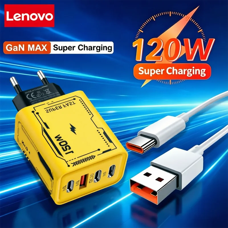 Carregador Rápido Lenovo 120W USB 3.0 Tipo C com Plugue EU/UK/US 2USB+2PD Carregador Ultra Rápido para Celular iPhone Huawei 2026