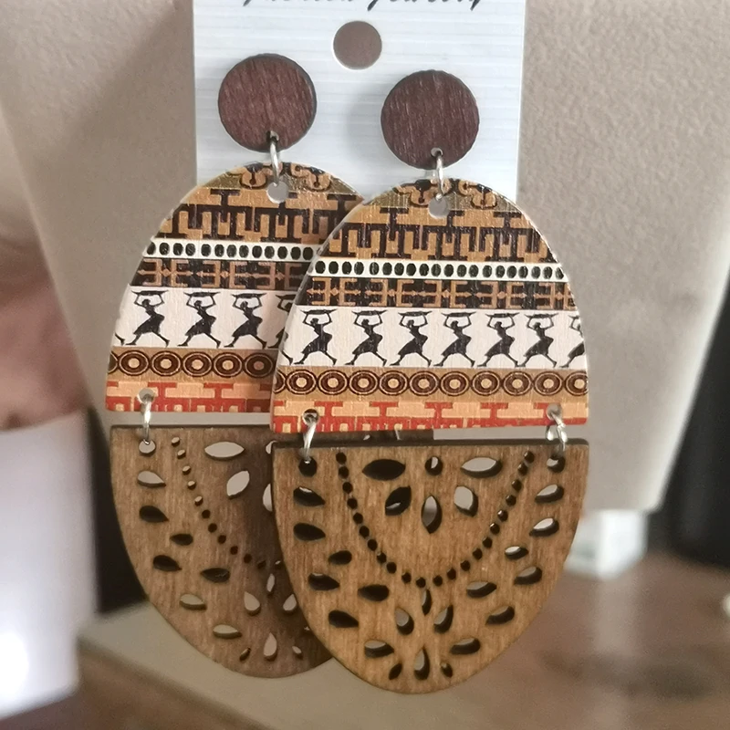 Vintage Bohemian Exaggerated Oval Printed Wooden Earrings for Women Long Hollow Splicing Dangle Earrings Ethnic Female Jewelry
