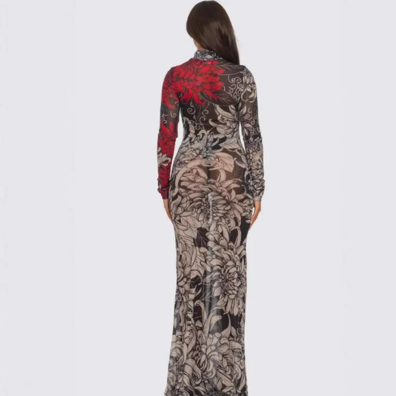 Downtown Gotico Y2K Abito Sheer Web Contorno Aderente Harajuku Stampa Dolcevita Abito Sensuale Avant Garde Party Abiti