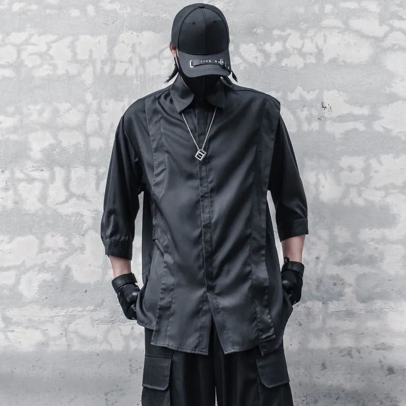 Dark Trendy Men's Irregular with Personality Stitching Three-Quarter Sleeve Loose Shirt Style Ruffle Handsome