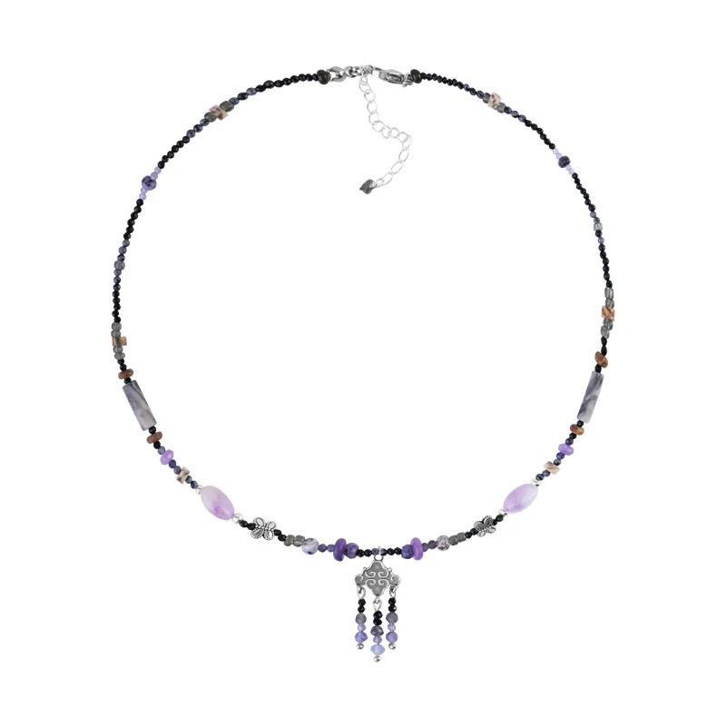 

Sterling silver fringed necklace natural agate Chinese retro beaded collarbone chain