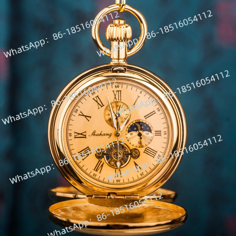 

Pure Copper Double Open Flip Manual Mechanical Pocket Watch, Sun, Moon and Star Movement