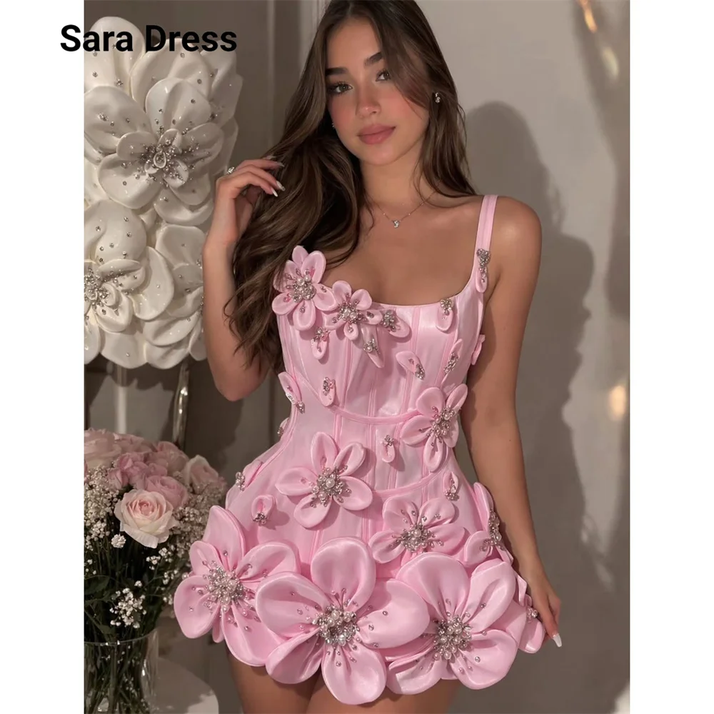 

Sara Custom Pink 3D Flowers Spaghetti Straps Skirt Dress Party Dresses Woman Prom Dresses 2026 Luxury Evening Ball Gown Dress