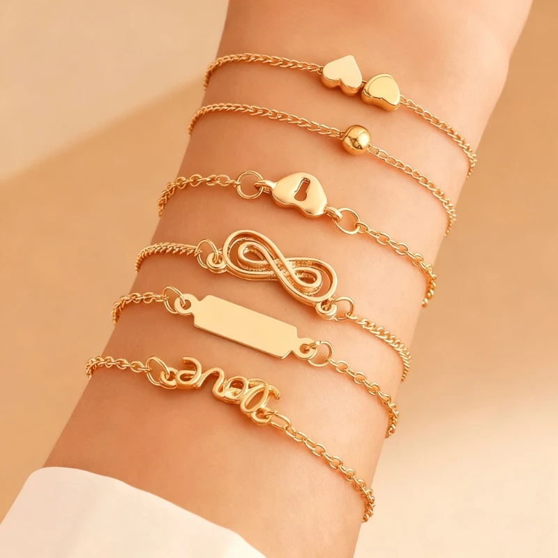 6pcs/lot Women's Bracelets Lock Heart Shape Number Eight Cross Feet Chains Gold Color Metal Multi-layers Chain Fashion Jewelry