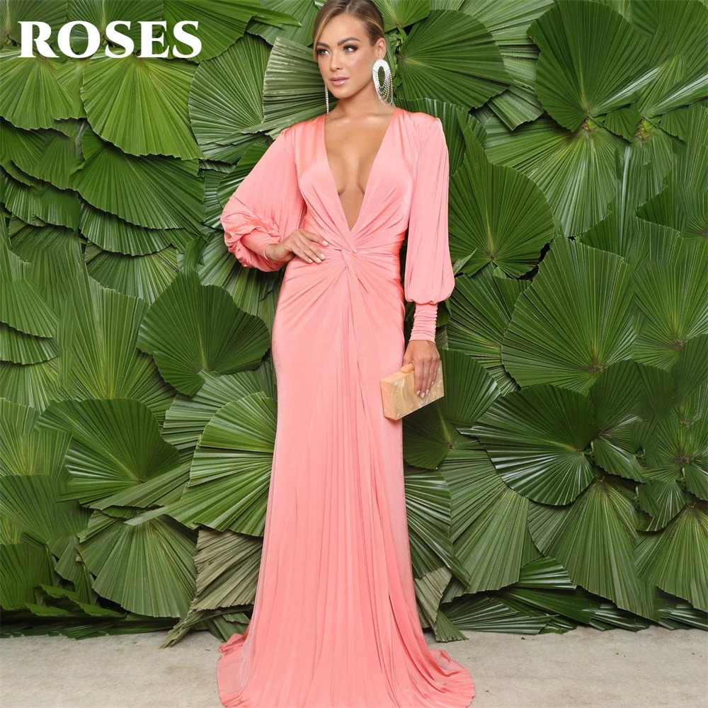 Rose Mermaid Sexy Prom Dress Soft Stain Celebrity Dresses abito da sera da donna plisat abito formale rosa con maniche lunghe 프