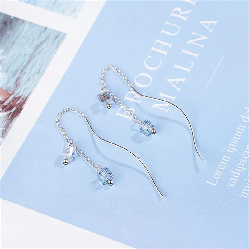 

New Korean Fashion Aurora Sugar Candy Ear Line 925 Sterling Silver Jewelry Long Fairy Colorful Square Dangle Earrings XZE284