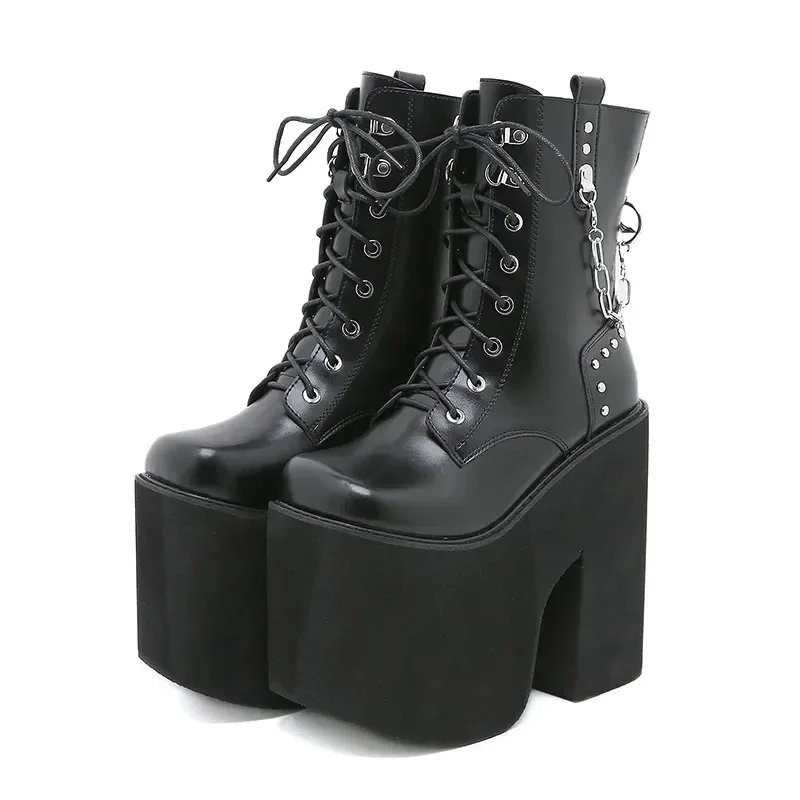 Goth Rivet emo Shoes Platform Heeled Boots Women Big Size Chain Metal Decoration Chunky Heels Combat Boots Mid Calf