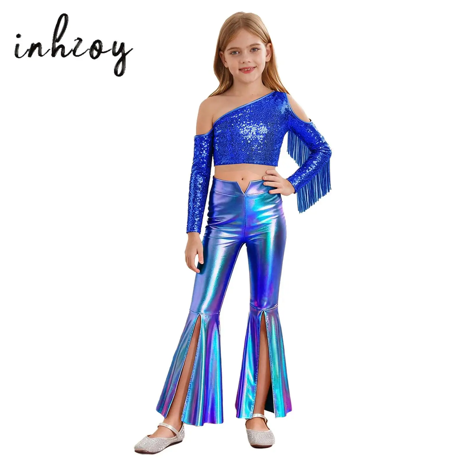 

Kids Girls 80s Disco Jazz Dance Outfit One Shoulder Long Sleeve Tassels Shiny Sequins Crop Top+Split Bell-Bottom Metallic Pants