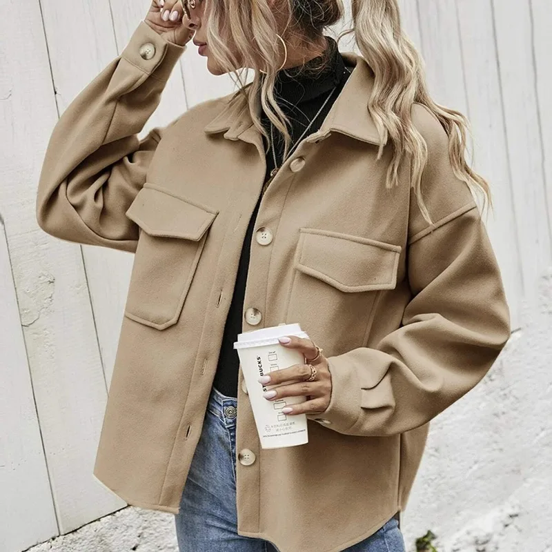 

Autumn and Winter Women's Polo Button Pocket Patchwork Loose Fit Solid Color Fashion Casual Elegant Commuter Long Sleeve Coat