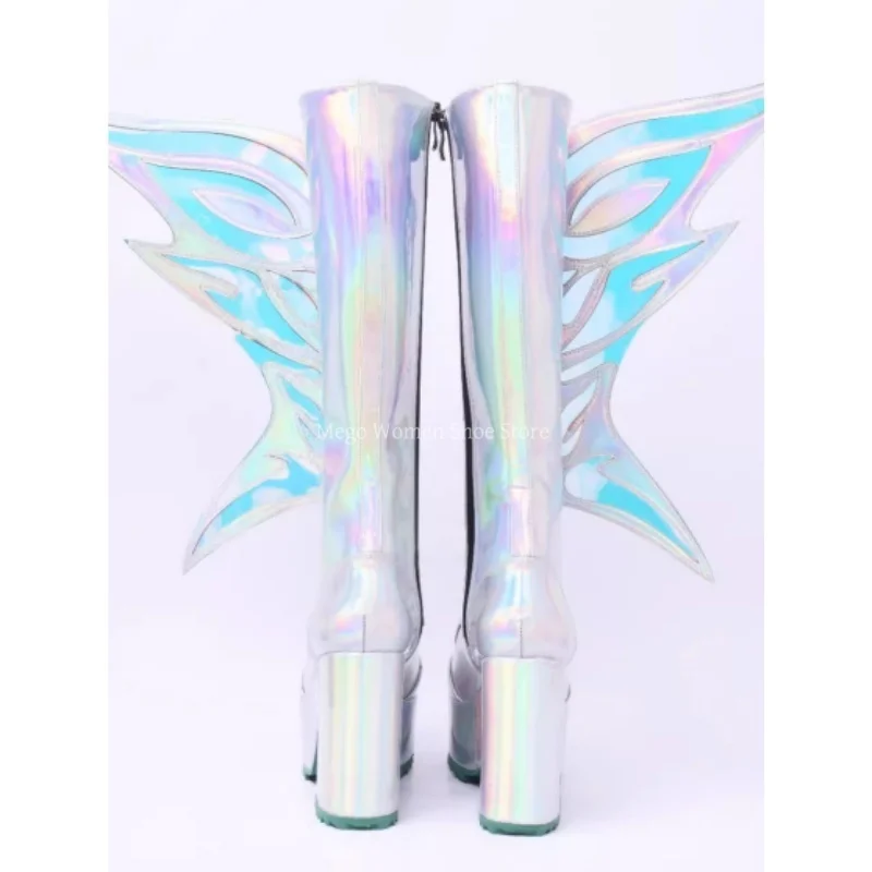 Holographic Winged Knee High Boots Women's Platform Chunky High Heel Lace Up Side Zipper Long Boots Cosplay Festival Shoes