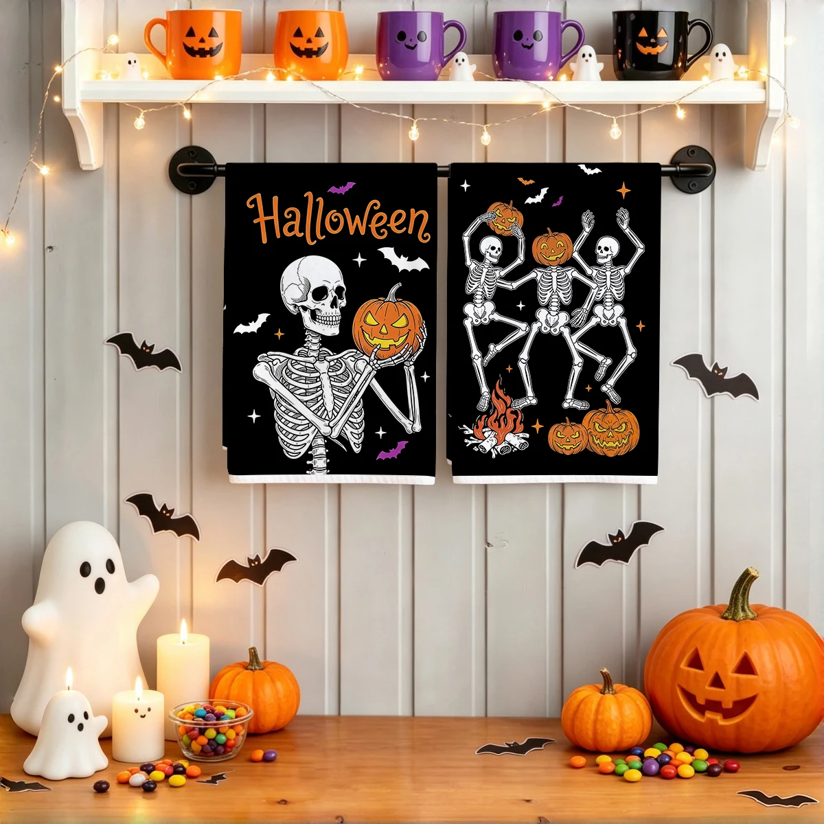 2pcs Halloween retro skull holding pumpkin lantern pattern kitchen towels, home party decoration kitchen tea towels,