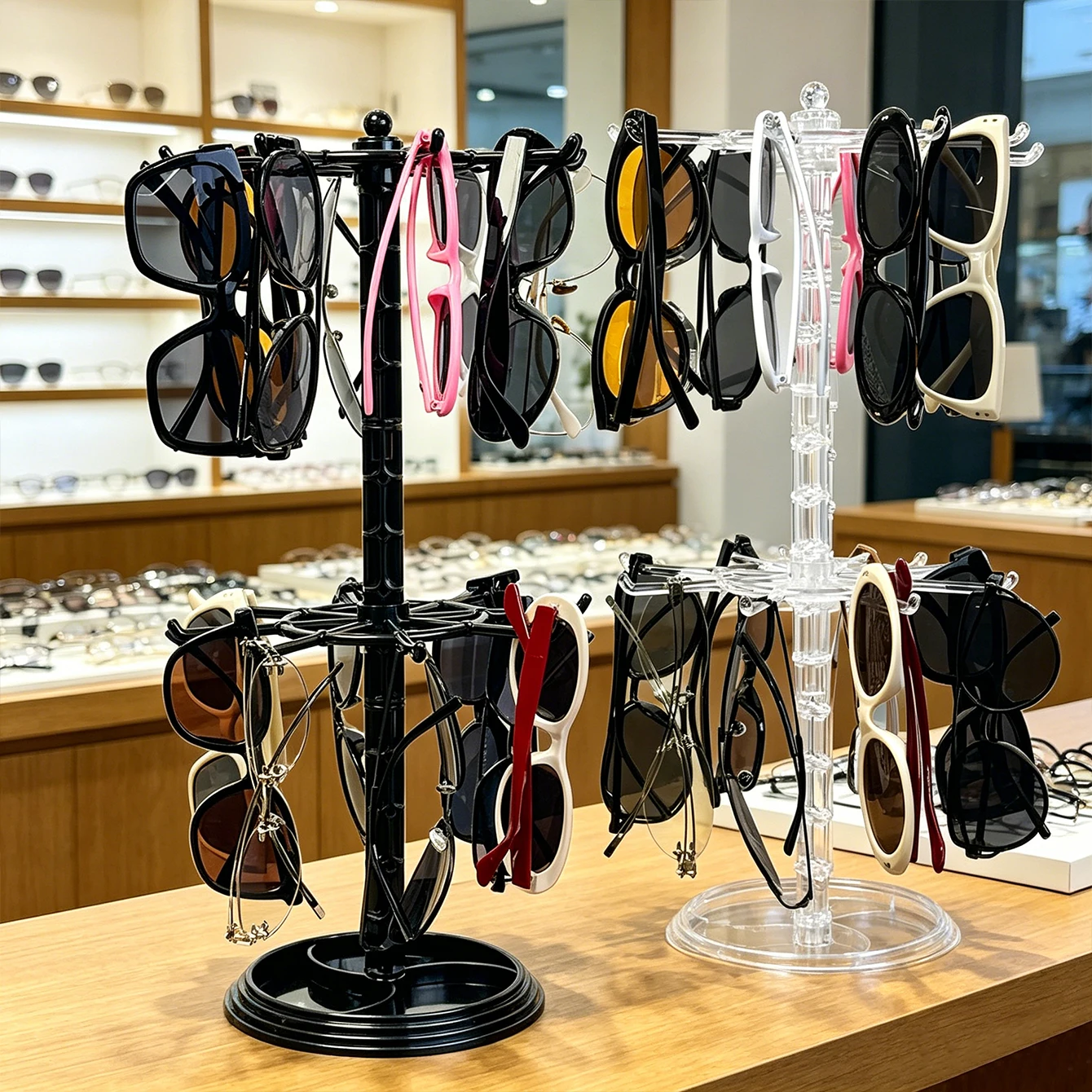 1pc Adjustable Black/Transparent Glasses Display Storage Hanging Bag Two-Layer Height Rotatable Sunglasses Countertop Holder