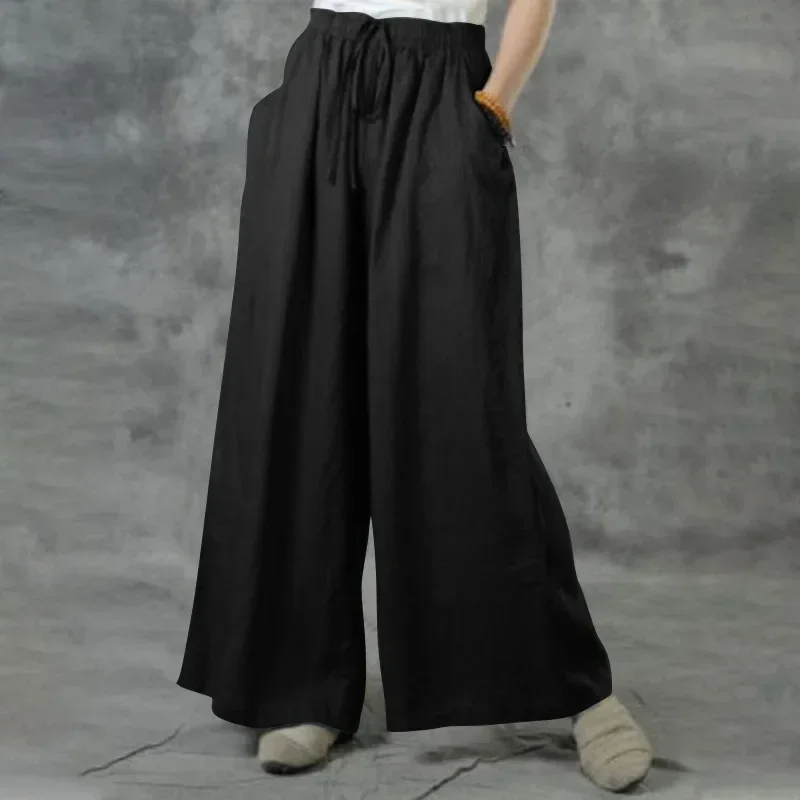 Pantalon Droit Décontracté en Coton et Lin pour Femme, Couleur Unie, Taille artificiel astique, Jambes Larges, Près de la Rue, Printemps