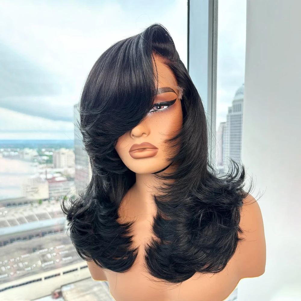 Straight Lace Front Wigs Synthetic Layered Cut Natural Black /Reddish Brown Inner Buckle Lace Frontal Wigs For Black Women