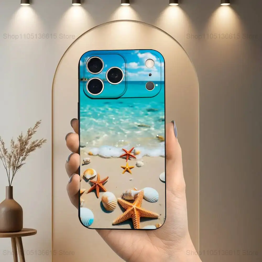 Casing Ponsel Starfish Beach Shells Untuk iPhone 17,16,15,14,13,12,11,Plus,Pro Max,XS,X,XR,SE,Mini,8,7, Penutup Silikon Lembut Hitam