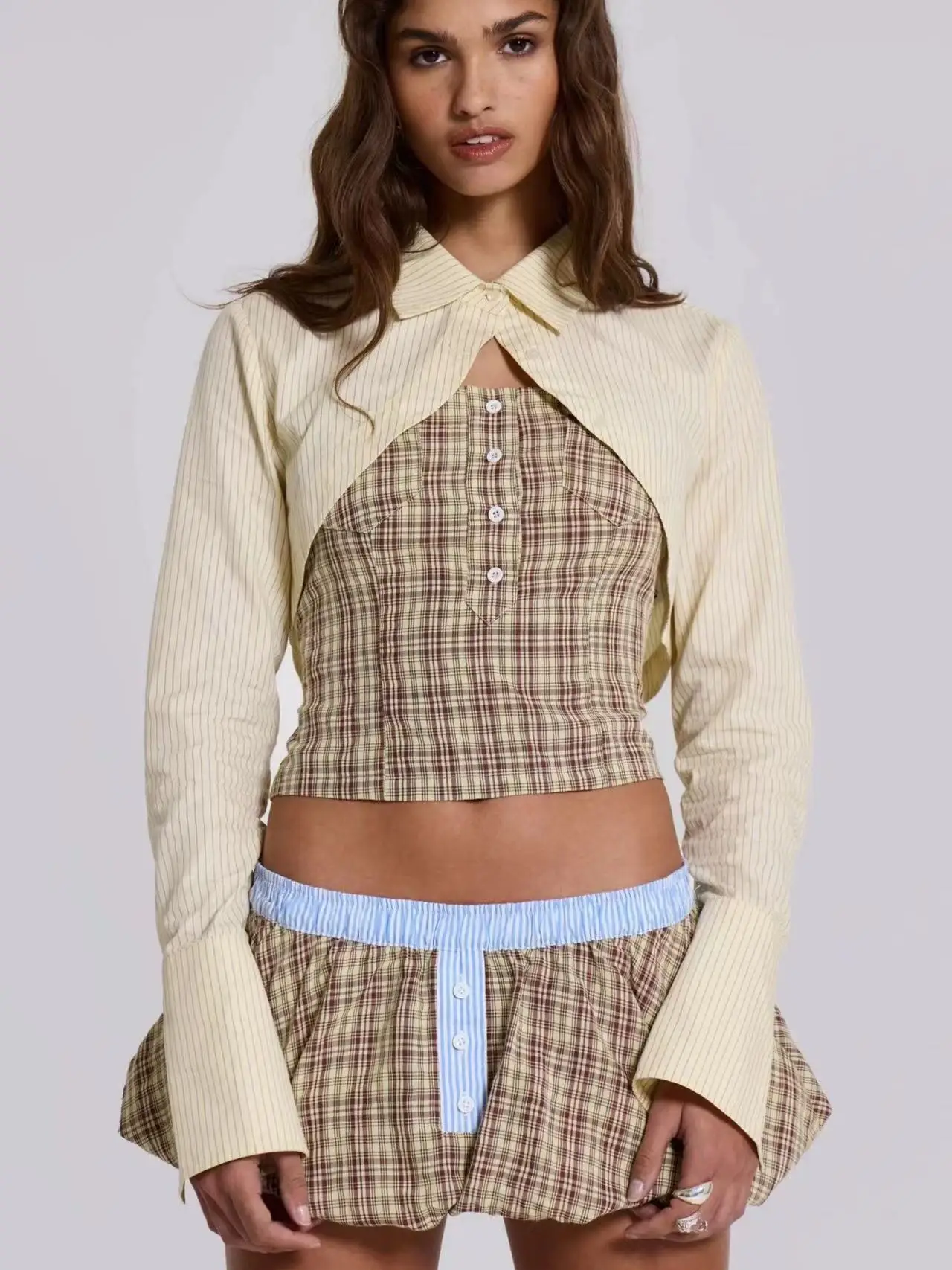 

Chic Pastel Yellow Striped Short Shirt with Suspenders Tummy Control Bubble Skirt Fashionable Women's Set Polyester Fiber
