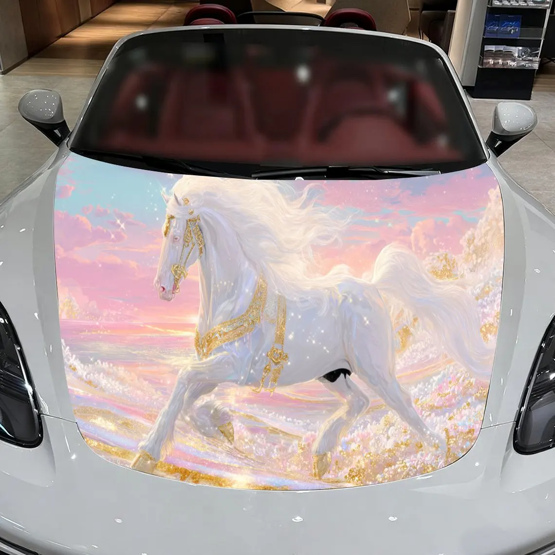 Fun White Horse Car Hood Stickers - Self-Adhesive, Waterproof and Durable Vinyl Wrap, Decorate And Protect Your Car - The Gift F